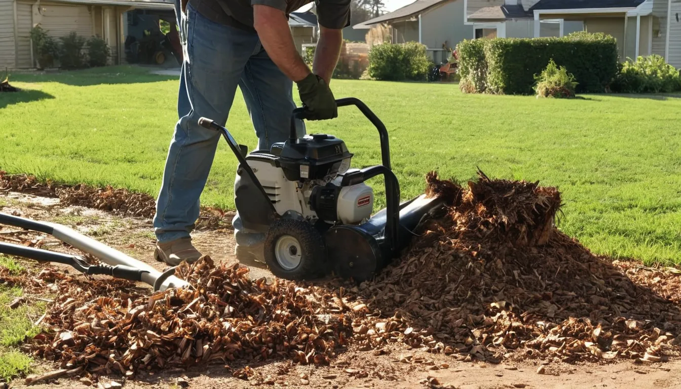Provider grinding a tree stump in a Staunton backyard with wood chips flying