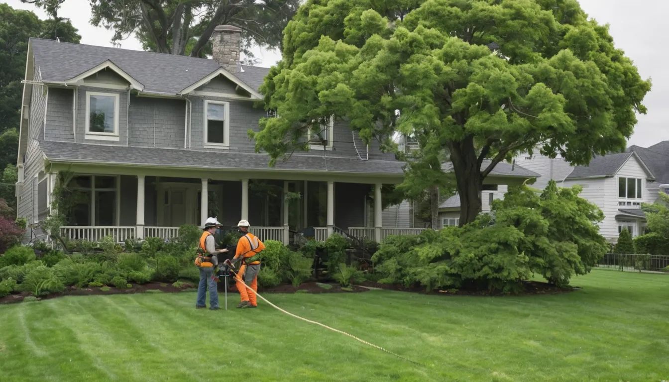 A tree removal provider lowering a section of a large backyard tree near a frame house in Staunton